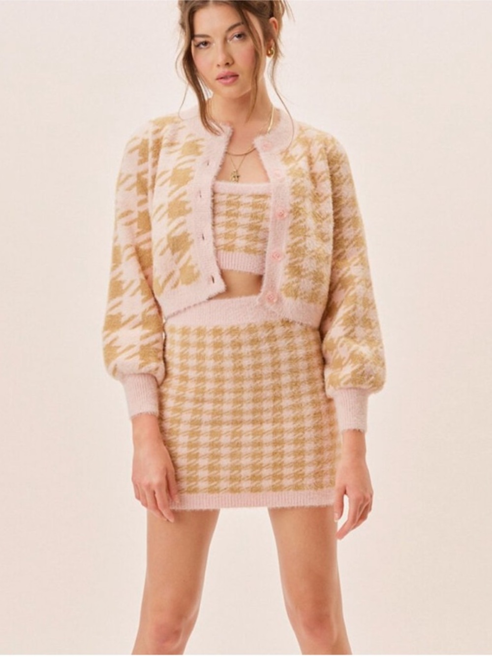 For Love and‎ Lemons Cher Toffee Houndstooth Cardigan Sweater, Skirt & Top Set